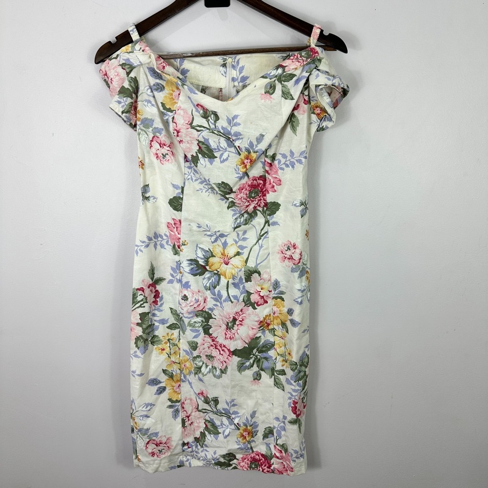 Vintage 90 Byer Too Floral Sheath Dress 7 Off The Shoulder Cottage Fairy Garden